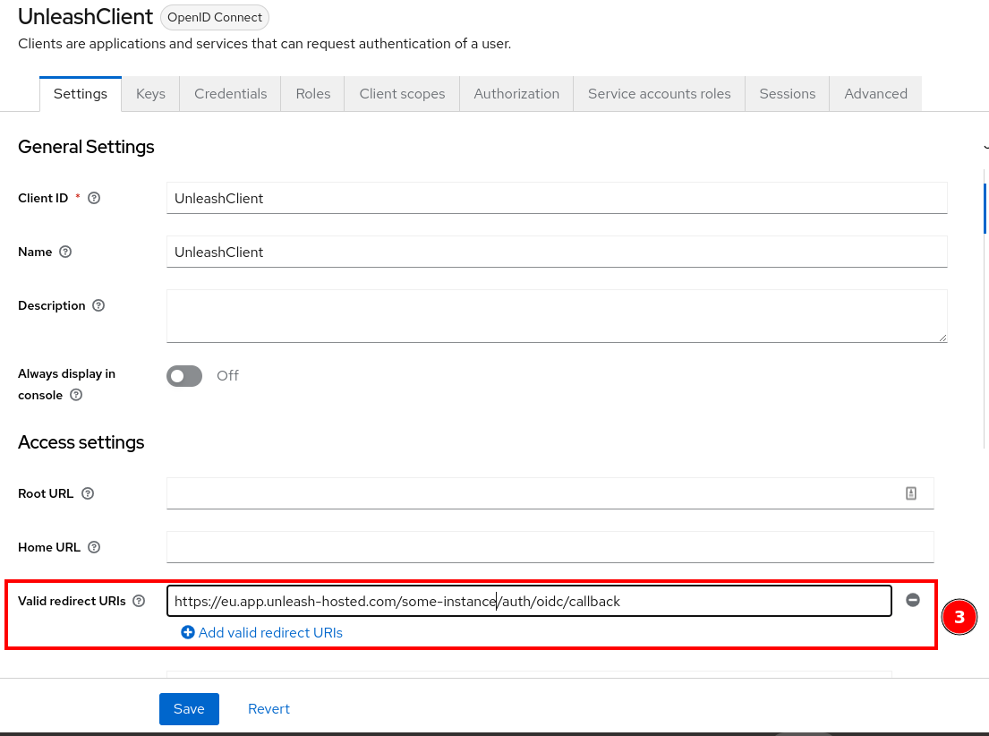 The Keycloak client configuration with redirect URIs highlighted.